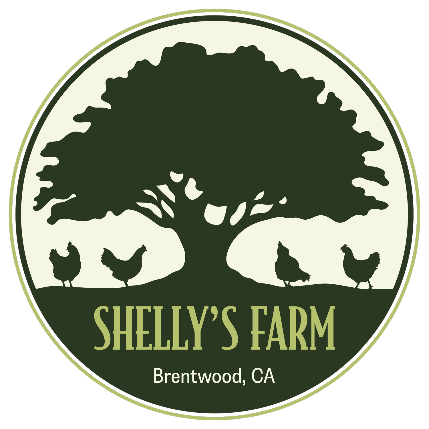 Shelly's+Farm_Logo_Color Logo of Shelly's Farm in Brentwood, CA, featuring a large tree and silhouettes of chickens, representing sustainable farming and local produce.